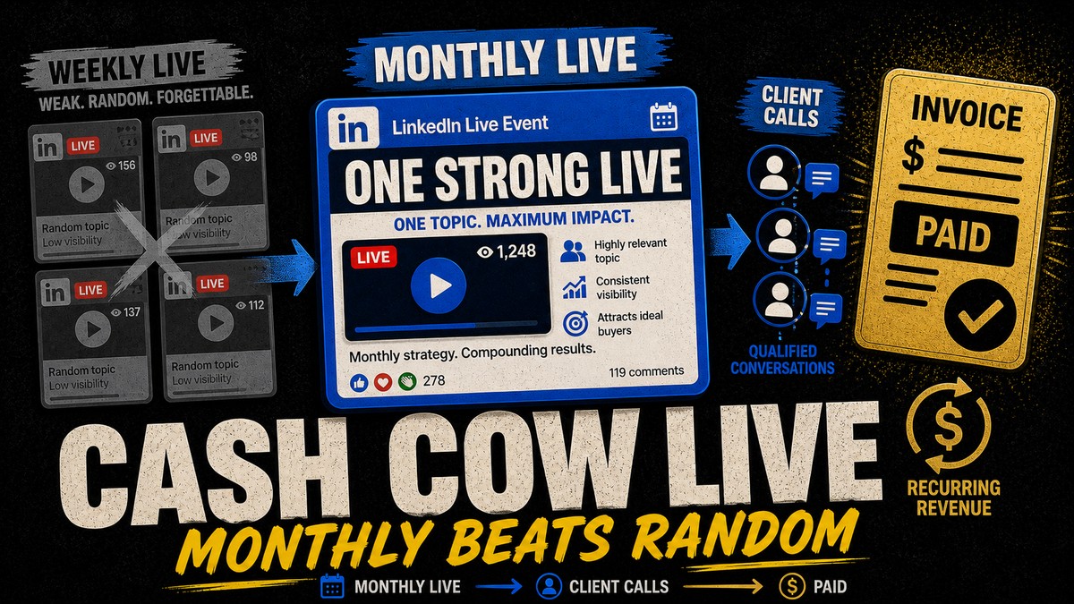 Cash Cow Live thumbnail showing monthly LinkedIn Live turning into client calls and recurring revenue.