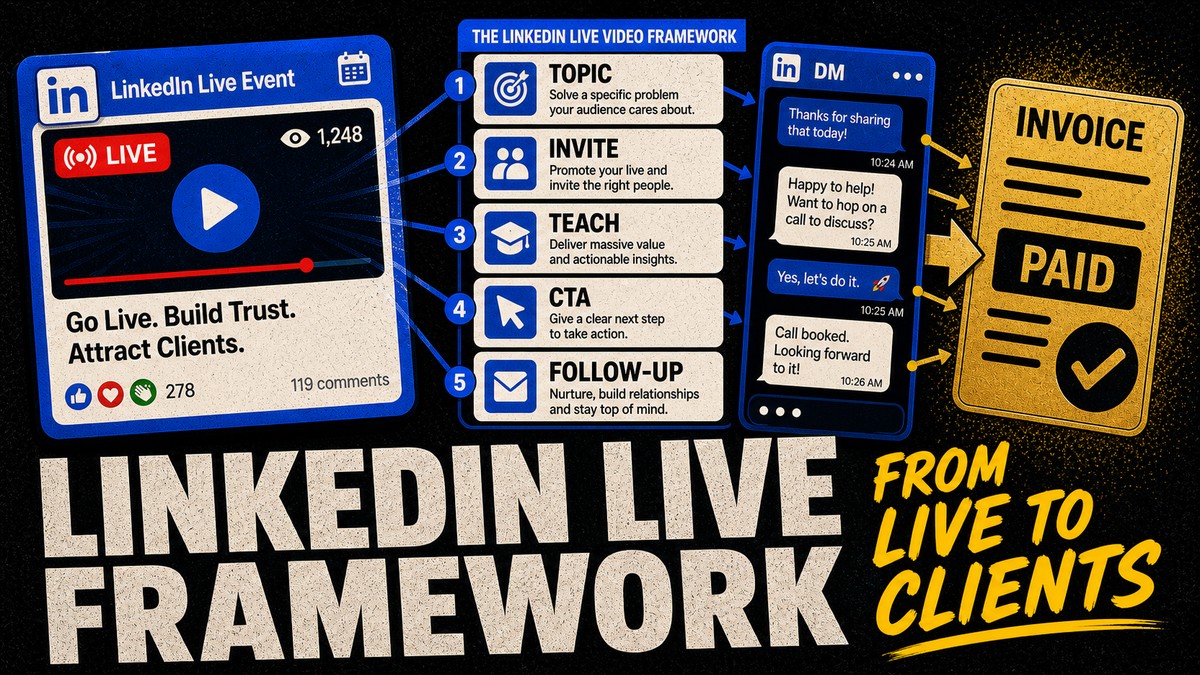 LinkedIn Live framework thumbnail showing event, topic, invite, teach, CTA, follow-up, DMs, and paid invoice.