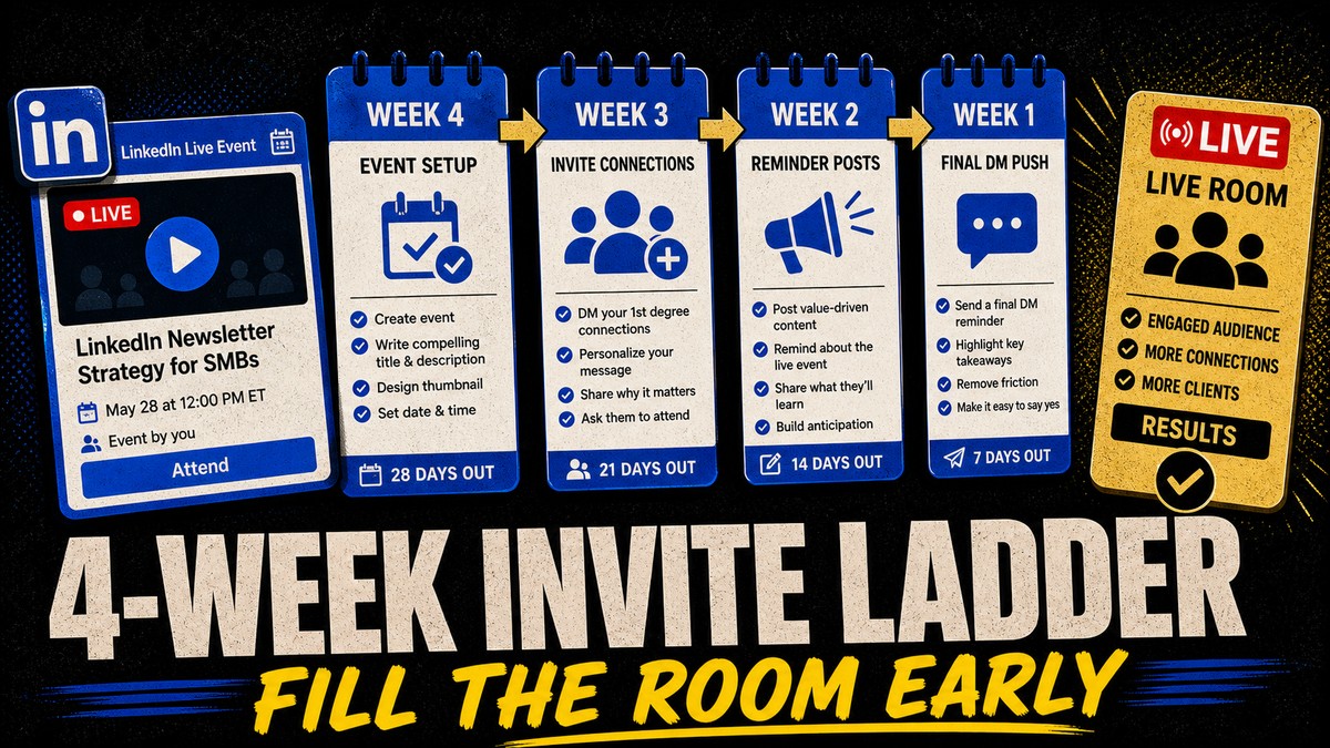 Four-week LinkedIn Live invite ladder thumbnail showing weekly event promotion steps.