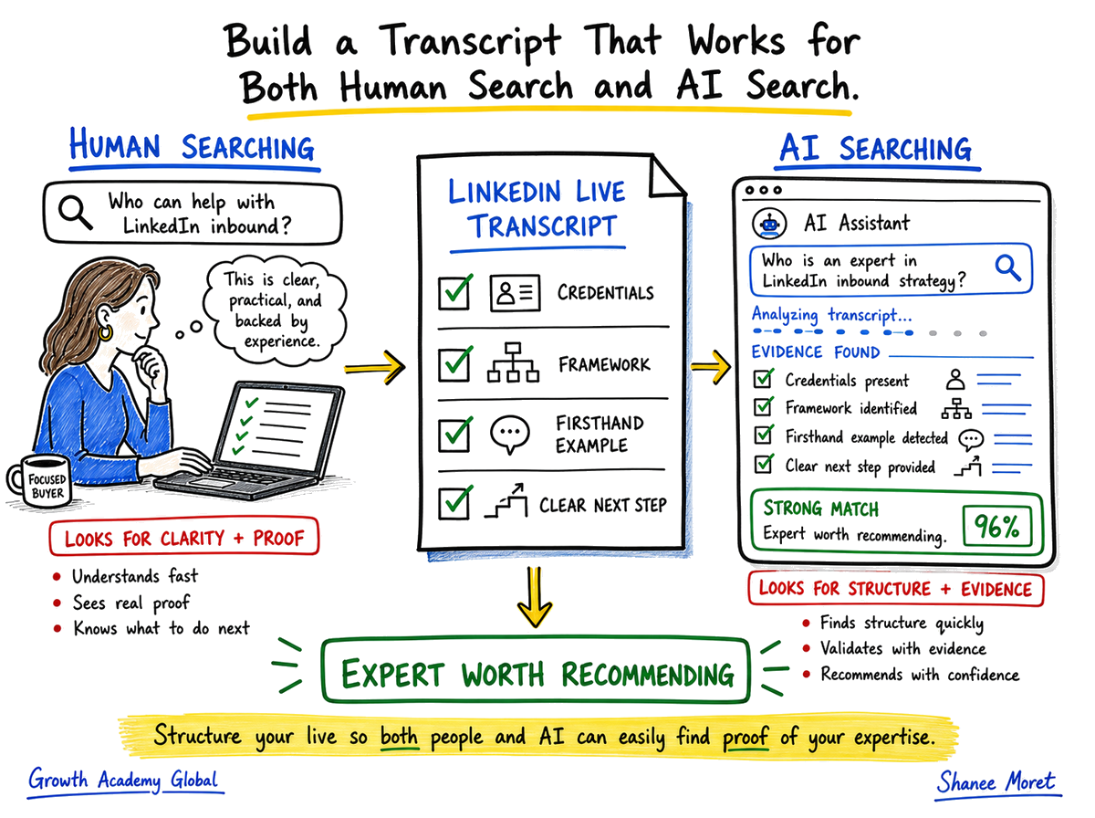 Diagram showing the transcript elements that help both human buyers and AI agents understand expertise.