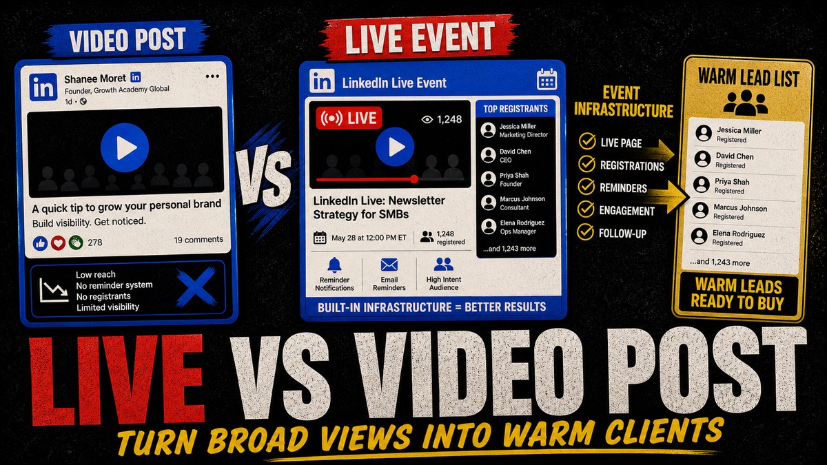 LinkedIn Live vs video post thumbnail comparing a video post with a live event and warm lead list.